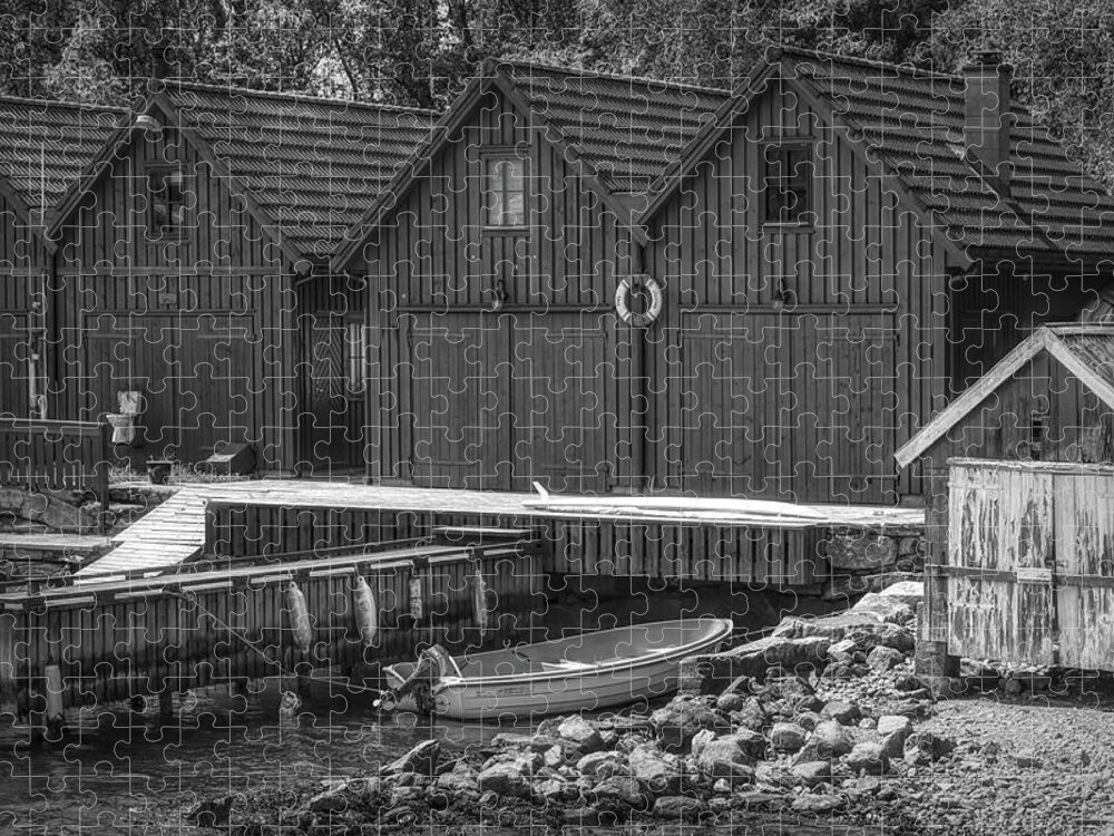 Barns Jigsaw Puzzle featuring the photograph Little Fishing Huts Black and White by Debra and Dave Vanderlaan