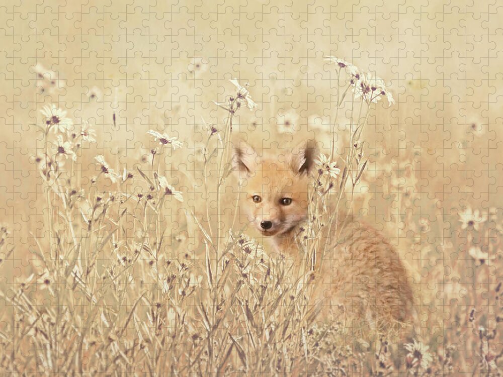 Fox Jigsaw Puzzle featuring the photograph Little Fox in Field of Wild Flowers by Jennie Marie Schell