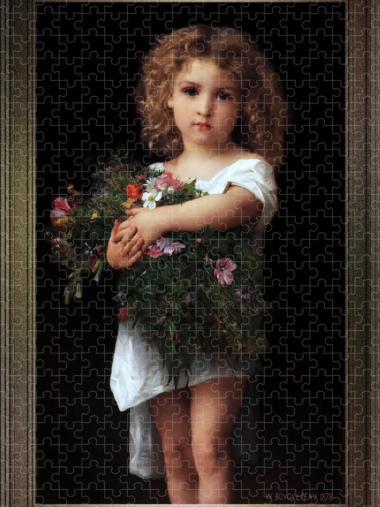 Little Girl With Flowers Jigsaw Puzzle featuring the painting Little Girl With Flowers by William-Adolphe Bouguereau by Xzendor7