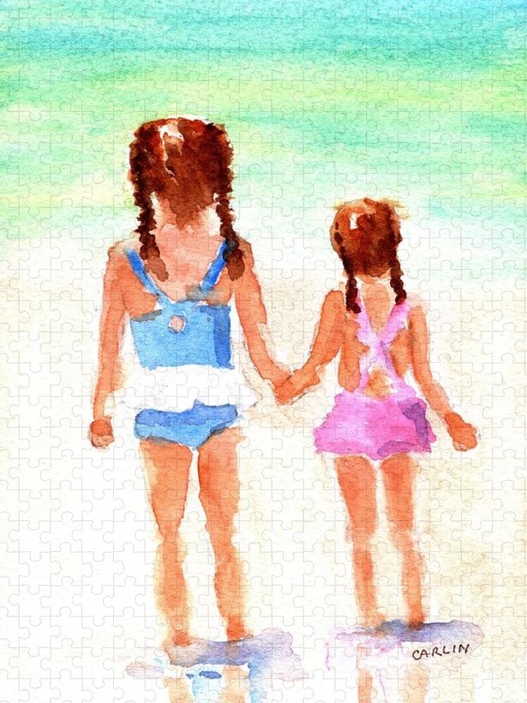 Little Sisters Jigsaw Puzzle featuring the painting Little Girls at the Beach by Carlin Blahnik CarlinArtWatercolor
