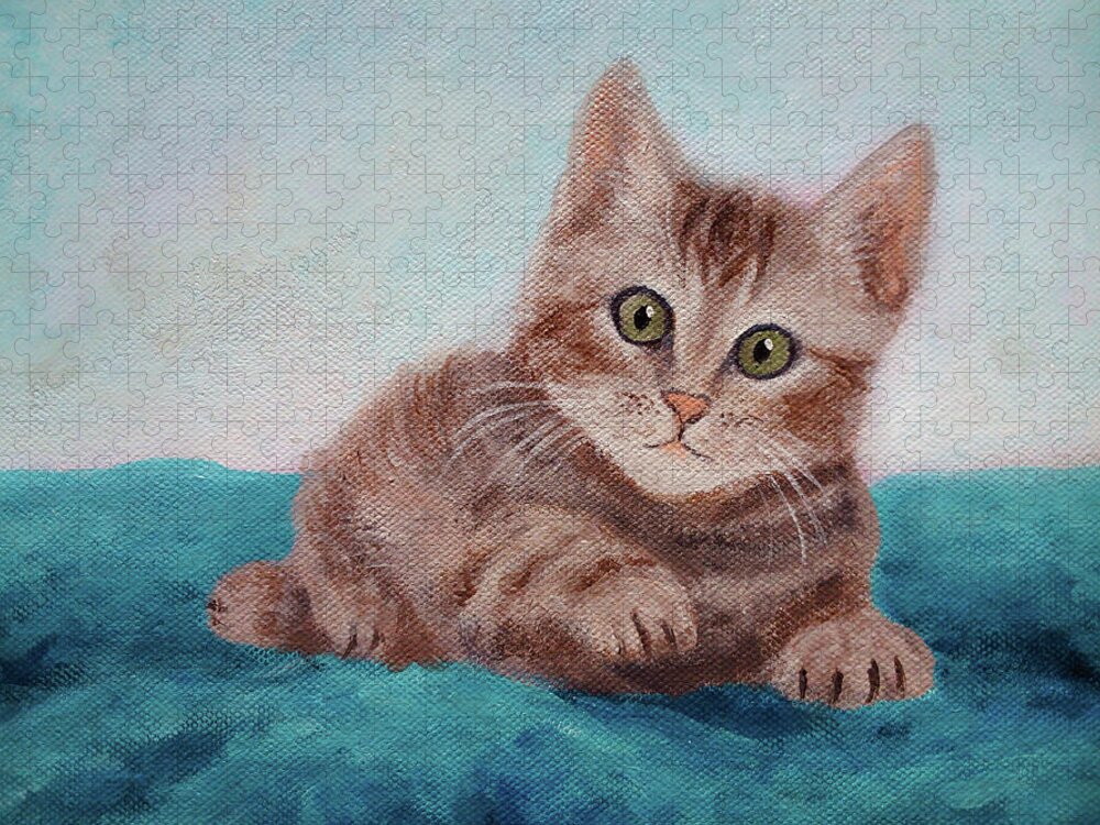 Cute Jigsaw Puzzle featuring the painting Little Tabby Cat Painting, a Cute Kitty Lying on a Blue Blanket by Aneta Soukalova