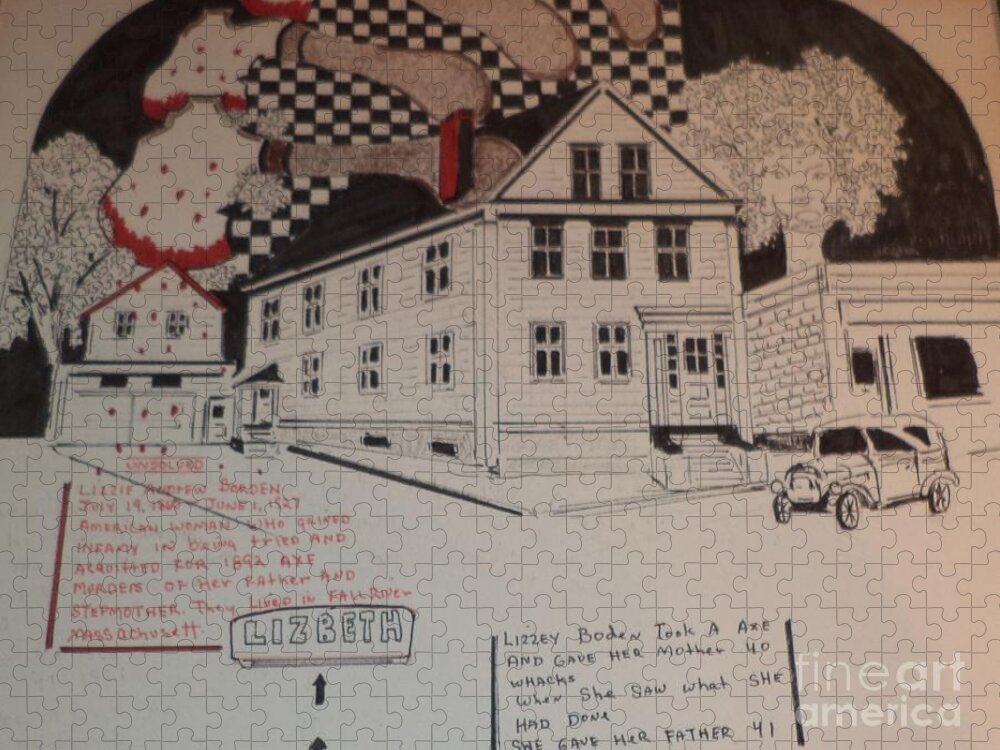  Jigsaw Puzzle featuring the drawing Lizzy Bordon House Ink Drawing by Donald Northup