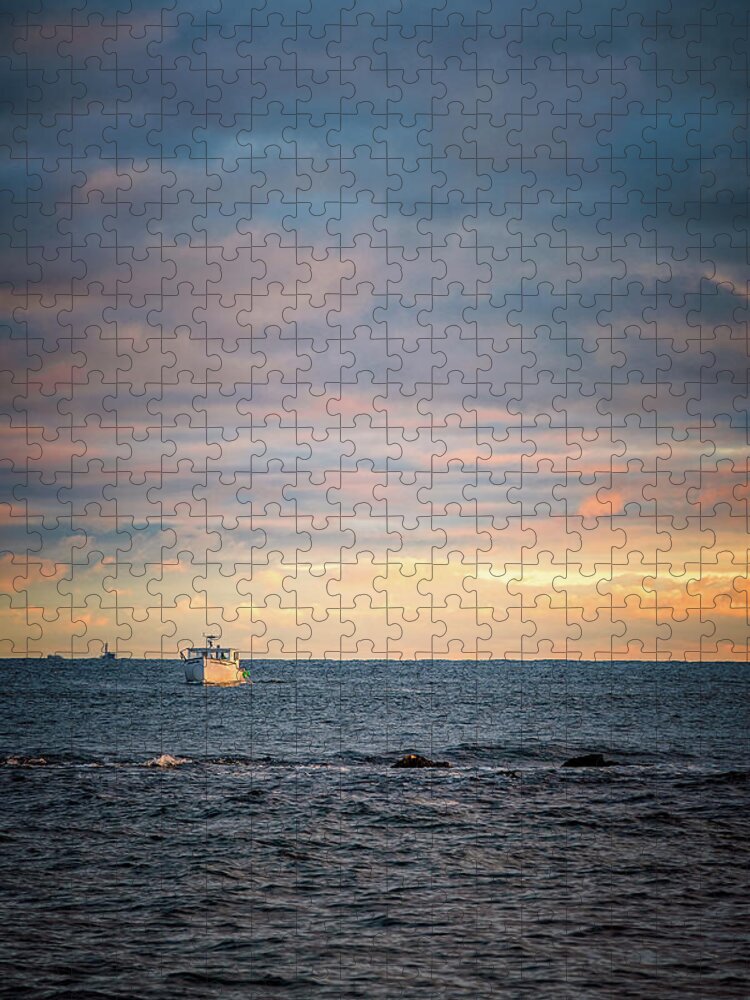 New Hampshire Jigsaw Puzzle featuring the photograph Lobster Boat On The Sea At Sunset. by Jeff Sinon