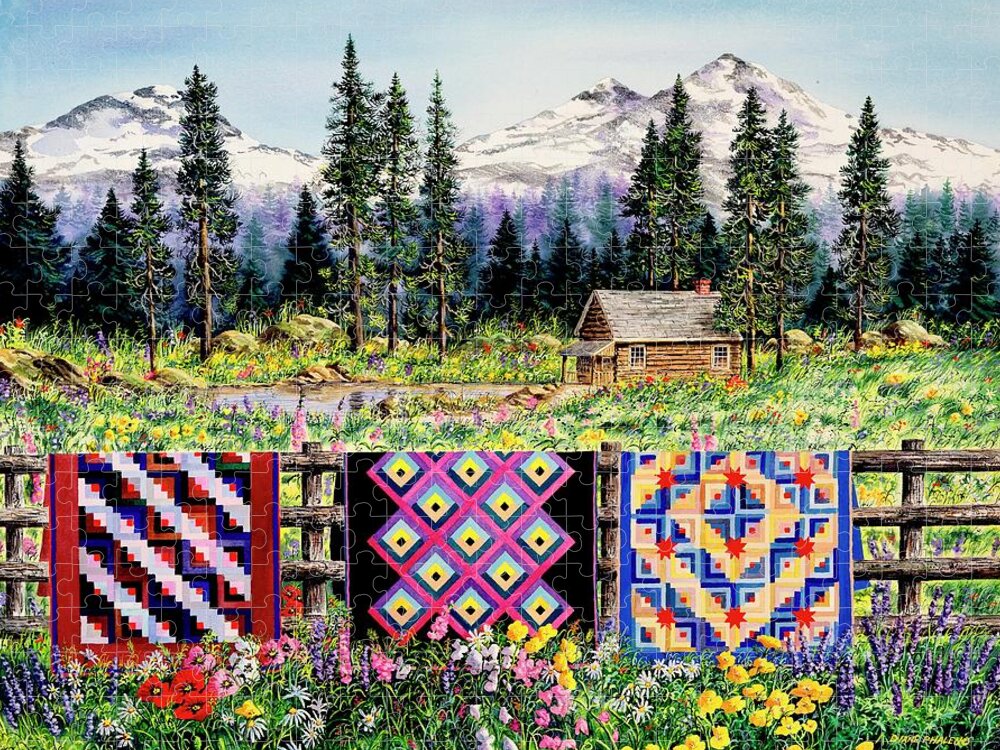 Mountains Jigsaw Puzzle featuring the painting Log Cabin Quilts by Diane Phalen