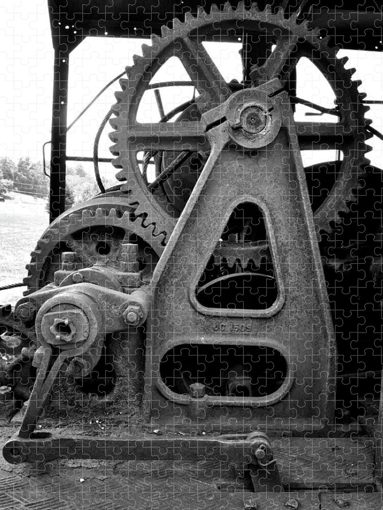 Logging; Machinery; Gears; Railroad; Train; Heavy; Black & White; Monochrome Jigsaw Puzzle featuring the photograph Log Loading Equipment by George Taylor