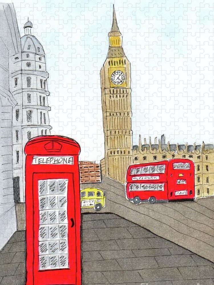 London Jigsaw Puzzle featuring the painting London's Red Phone Booth and Bus by Donna Mibus