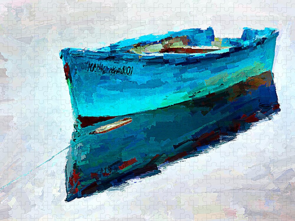 Lonely Jigsaw Puzzle featuring the mixed media Lonely boat floating - digital painting by Tatiana Travelways