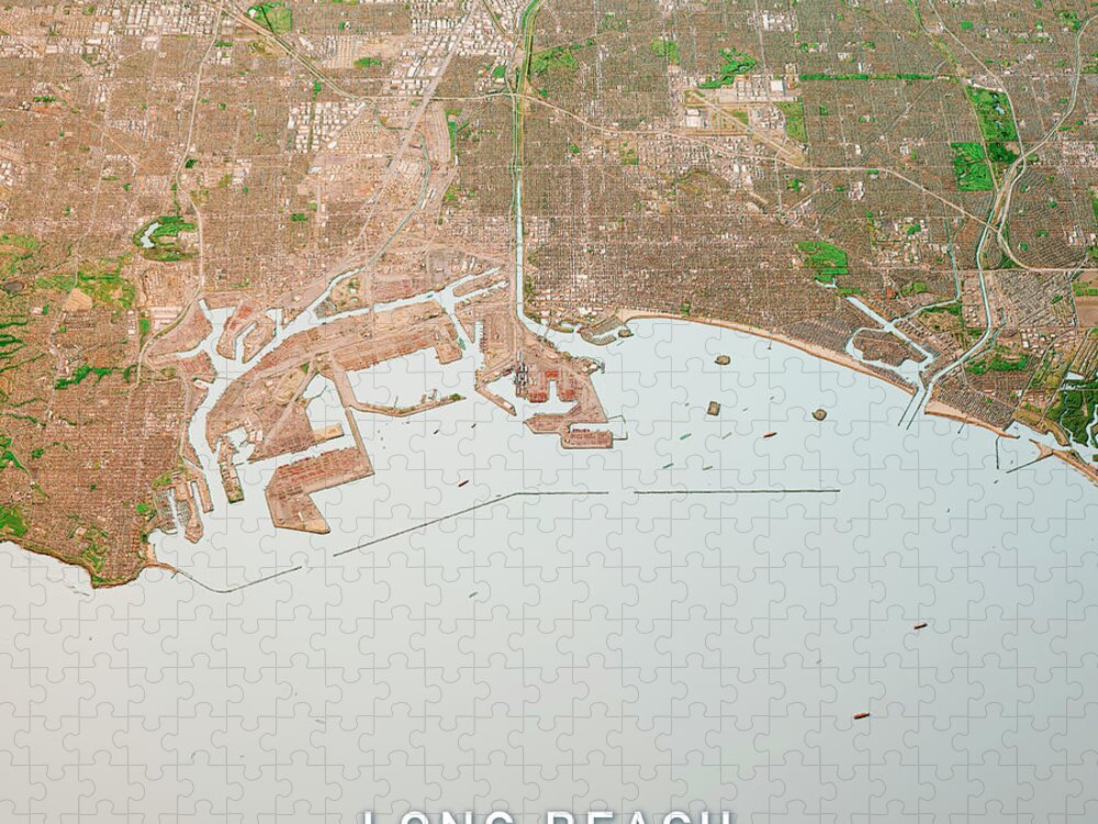 Long Beach Jigsaw Puzzle featuring the digital art Long Beach California 3D Render Map Color Top View Mar 2019 by Frank Ramspott