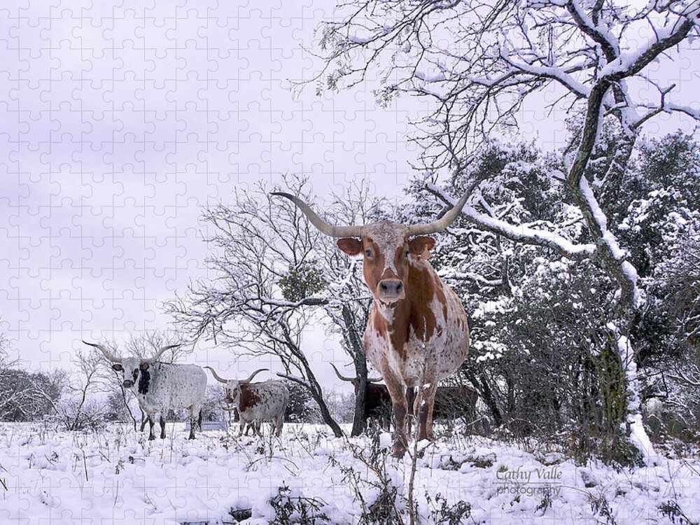 Texas Longhorns Wall Art Jigsaw Puzzle featuring the photograph longhorn cow Swallowtail in the snow by Cathy Valle