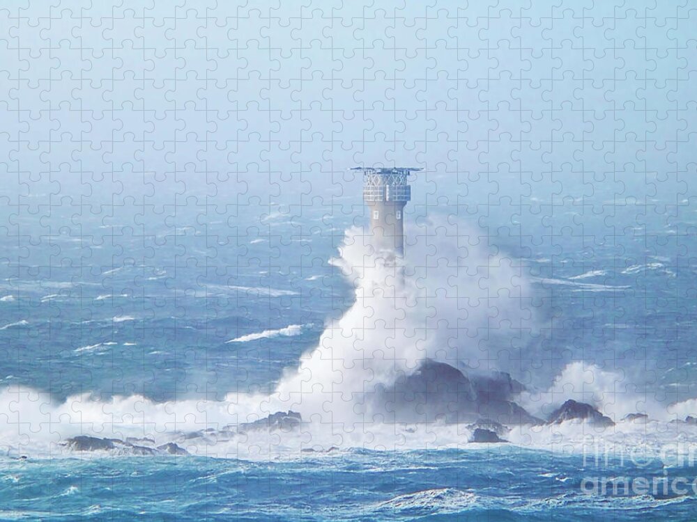 Longships Lighthouse Jigsaw Puzzle featuring the photograph Longships Lighthouse During Storm Diana by Terri Waters