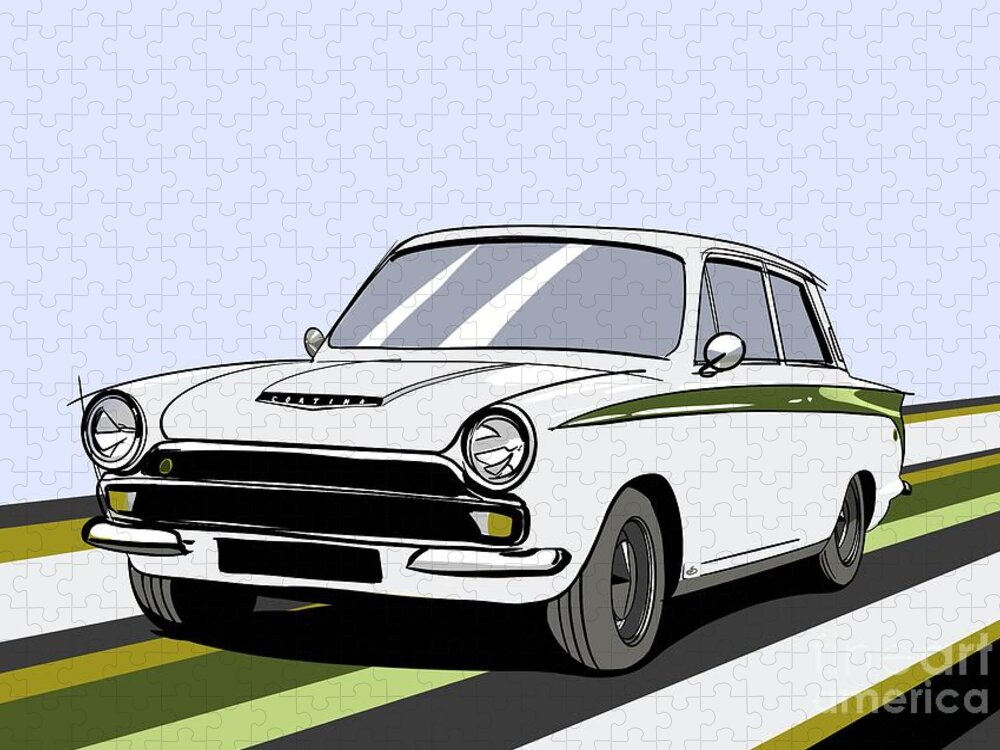 Sports Car Jigsaw Puzzle featuring the digital art Lotus Cortina Classic British Sports Racing Touring Car - Vector Back Version by Moospeed Art