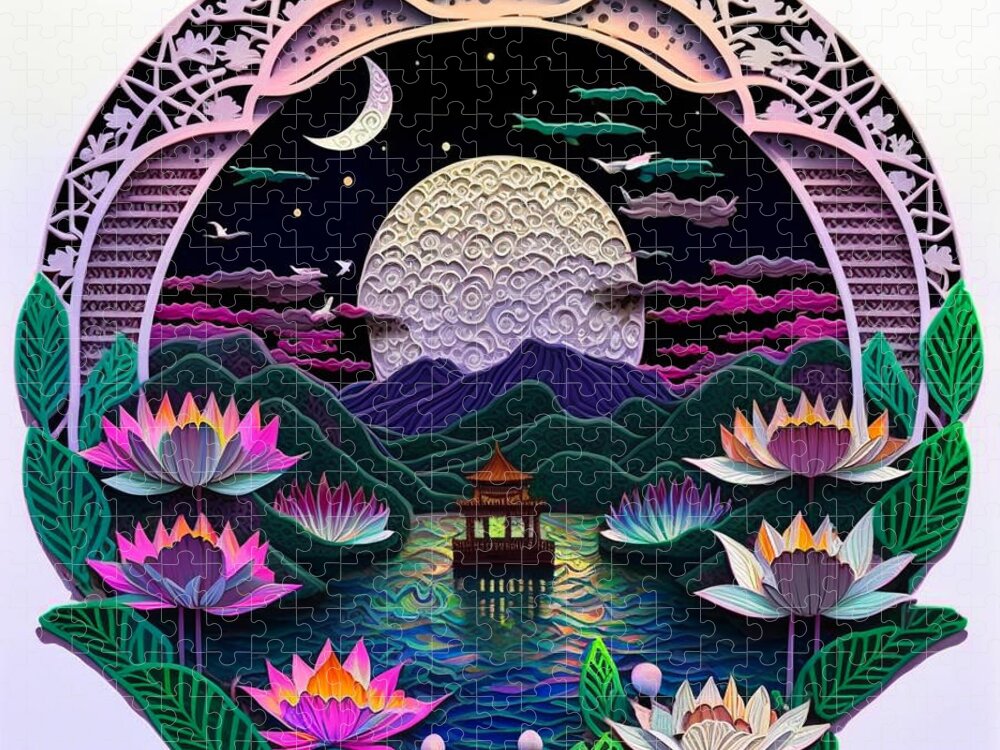 Paper Craft Jigsaw Puzzle featuring the mixed media Lotus Pier I by Jay Schankman