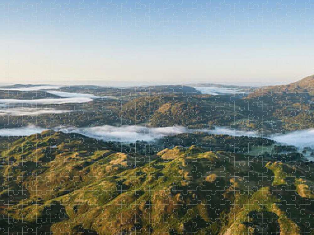 Panorama Jigsaw Puzzle featuring the photograph Loughrigg Fell and Langdlae cloud inversion aerial Lake District by Sonny Ryse
