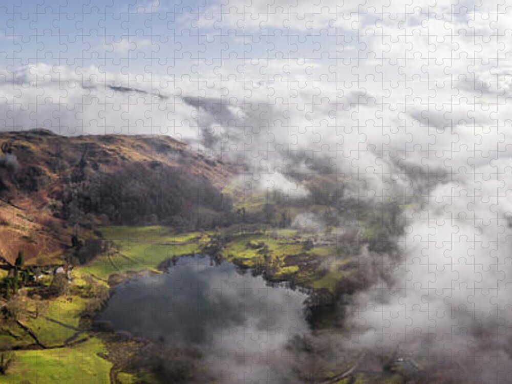 Panorama Jigsaw Puzzle featuring the photograph Loughrigg Tarn cloud inversion aerial lake district by Sonny Ryse