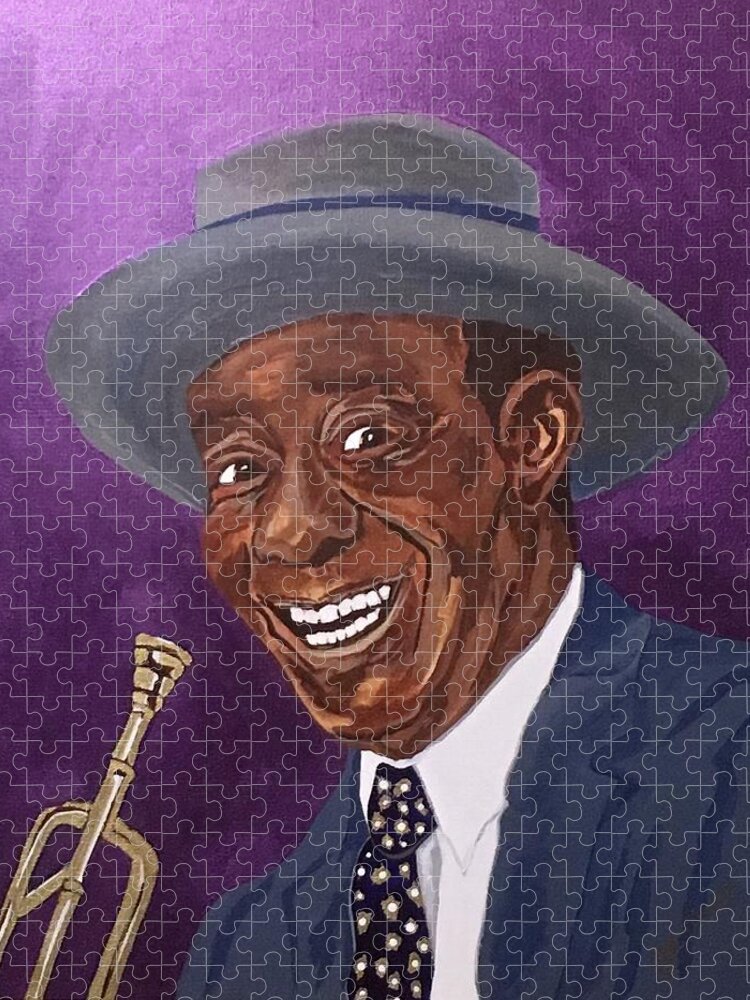 Louis Armstrong Jigsaw Puzzle featuring the painting Louis Sporting a New Hat by Bill Manson