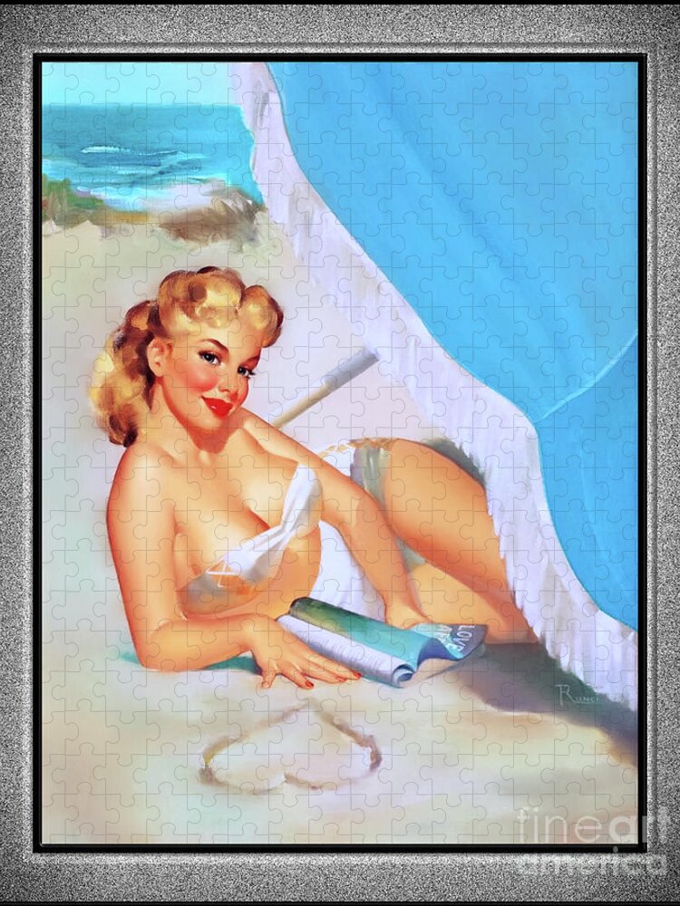 Love At The Beach Jigsaw Puzzle featuring the painting Love At The Beach by Edward Runci Vintage Pin-Up Girl Art by Rolando Burbon