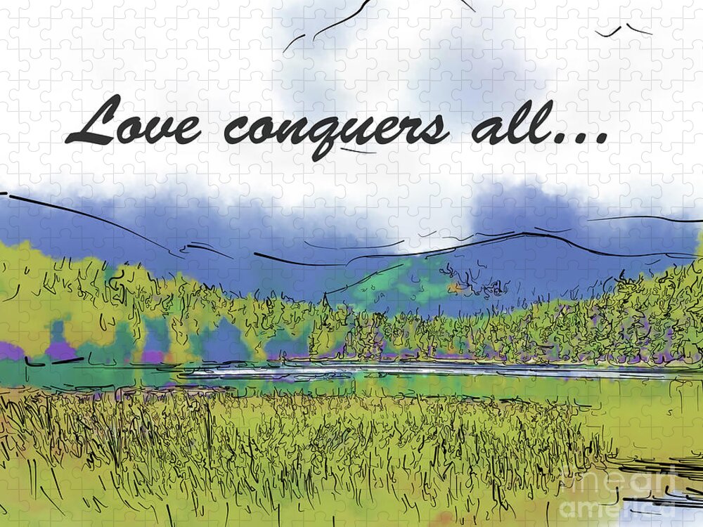 Hidden Lake Jigsaw Puzzle featuring the digital art Love Conquers All Mountain Meadow Lake by Kirt Tisdale