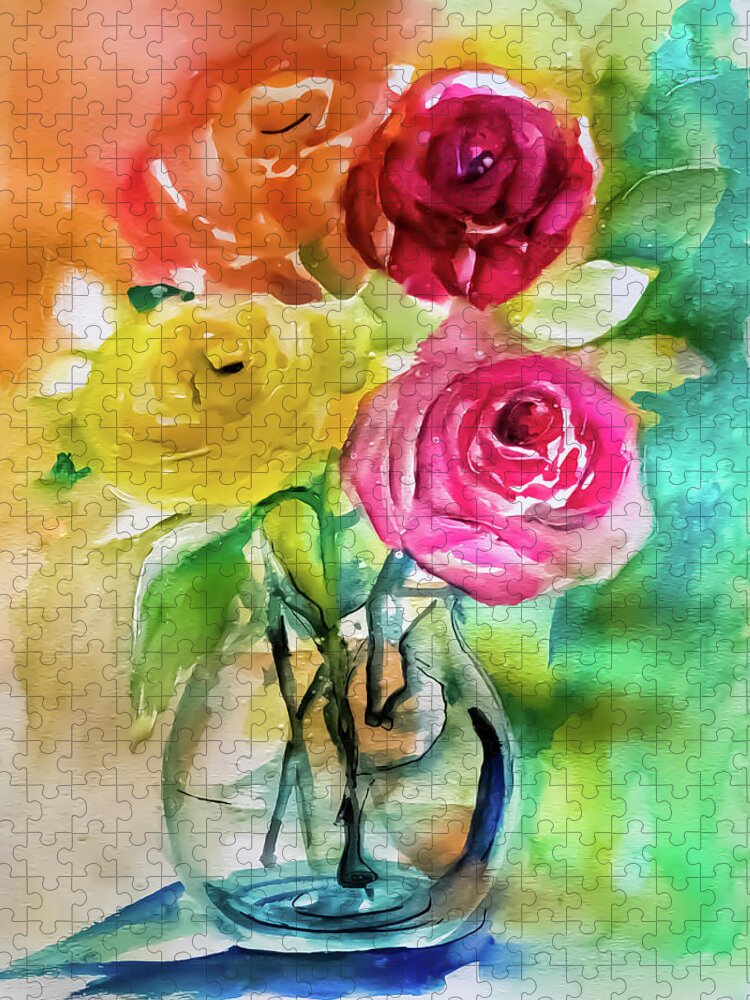 Roses Jigsaw Puzzle featuring the painting Lovely Colorful Roses In A Glass Vase by Lisa Kaiser