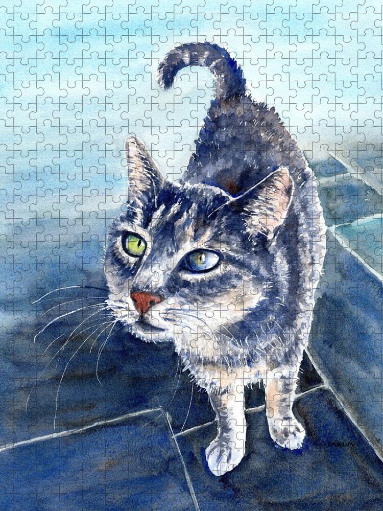 Cat Jigsaw Puzzle featuring the painting Loving Gray Kitty by Carlin Blahnik CarlinArtWatercolor