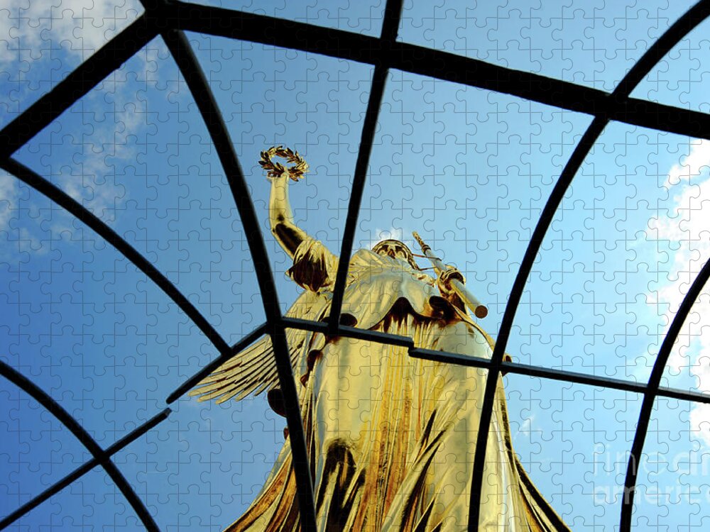 Architecture Jigsaw Puzzle featuring the photograph Low angled view of the gold statue Goldelse high above inside the Victory Column. by Gunther Allen