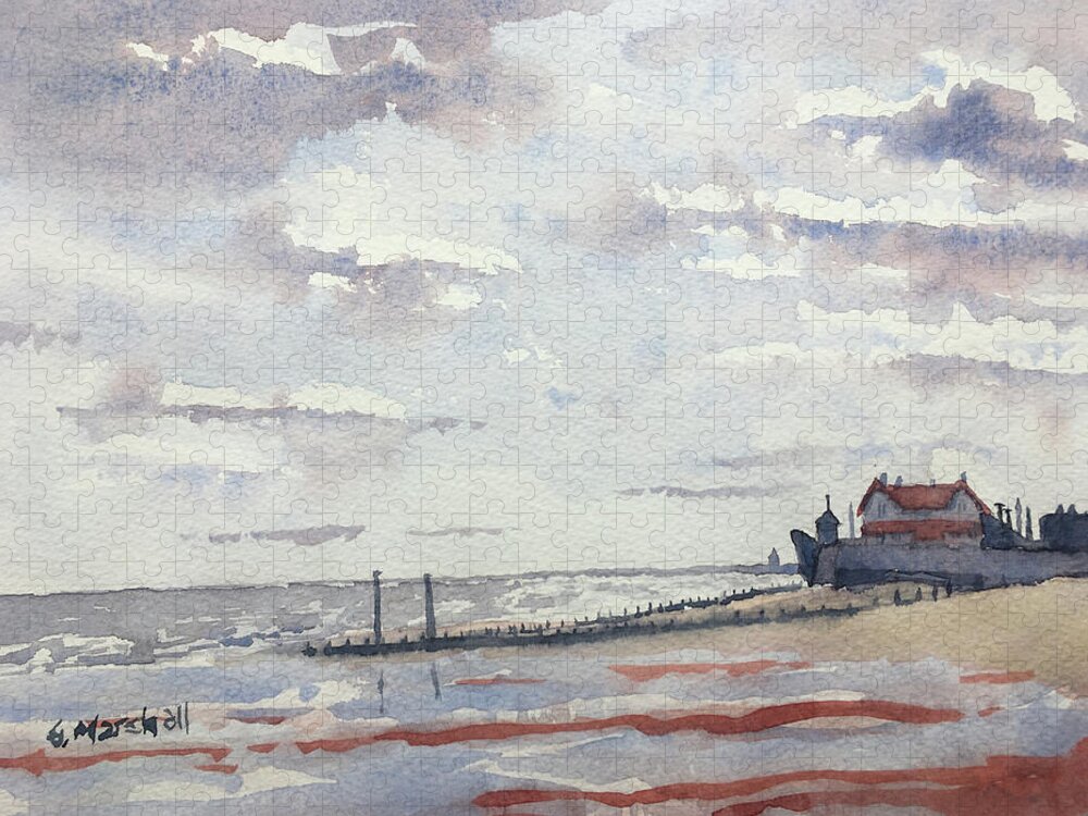 Watercolour Jigsaw Puzzle featuring the painting Low Tide at Hornsea, early Spring by Glenn Marshall