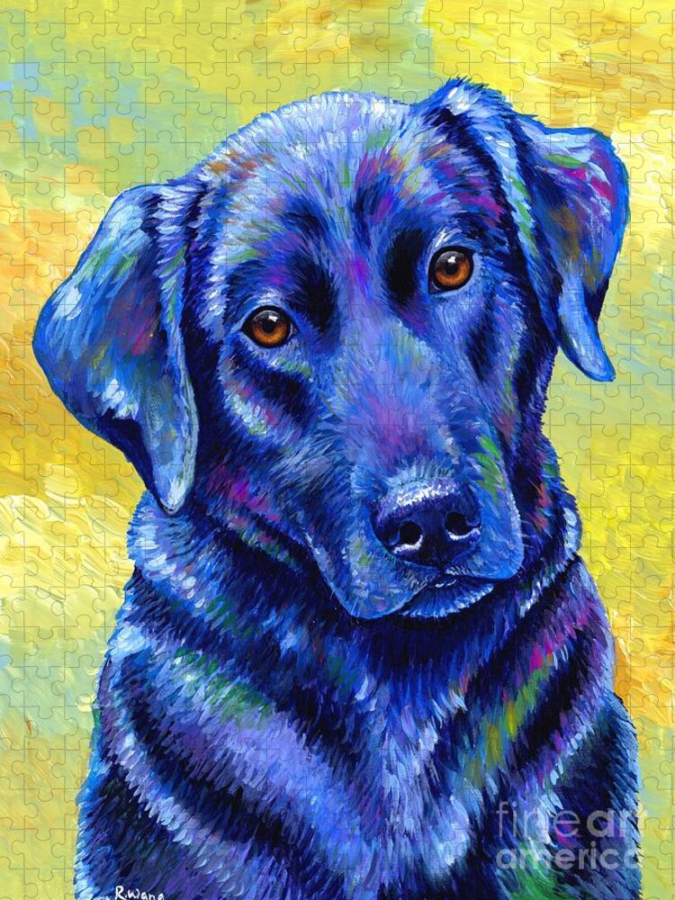 Labrador Retriever Jigsaw Puzzle featuring the painting Loyal Companion - Colorful Black Labrador Retriever Dog by Rebecca Wang