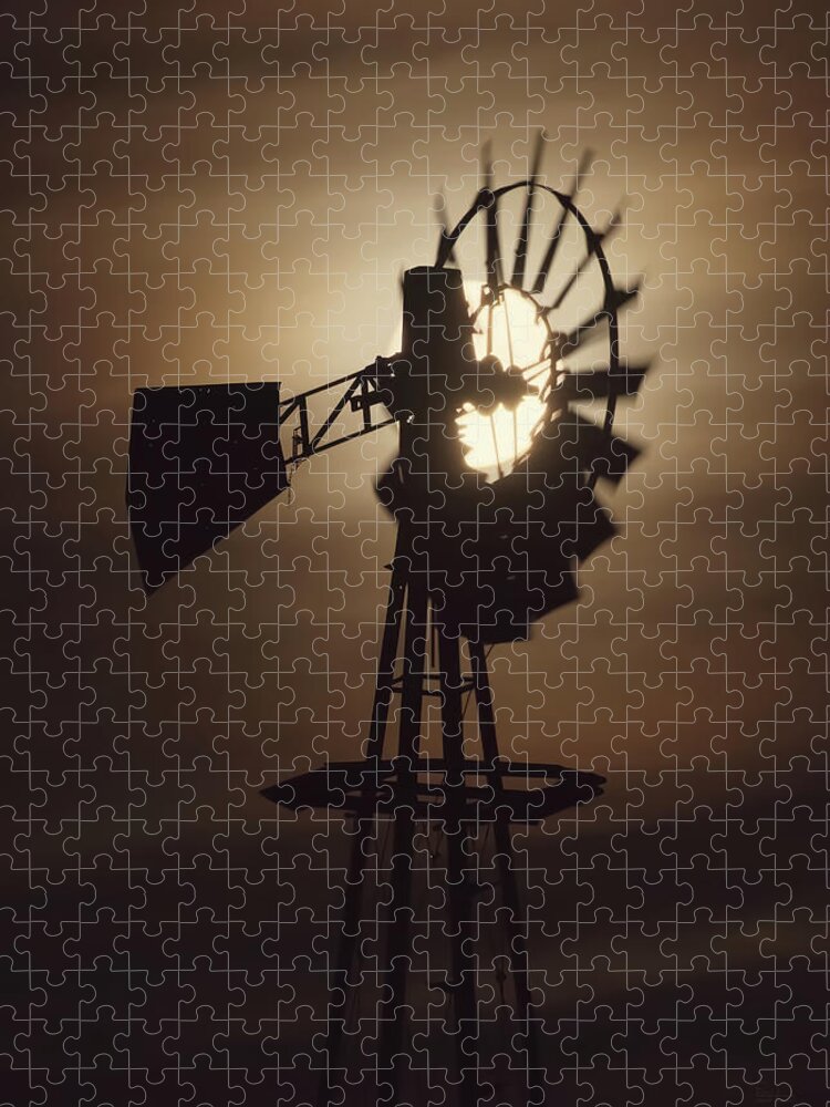 Windmill Jigsaw Puzzle featuring the photograph Lunar Power - full moon behind a still-turning abandoned ND windmill by Peter Herman