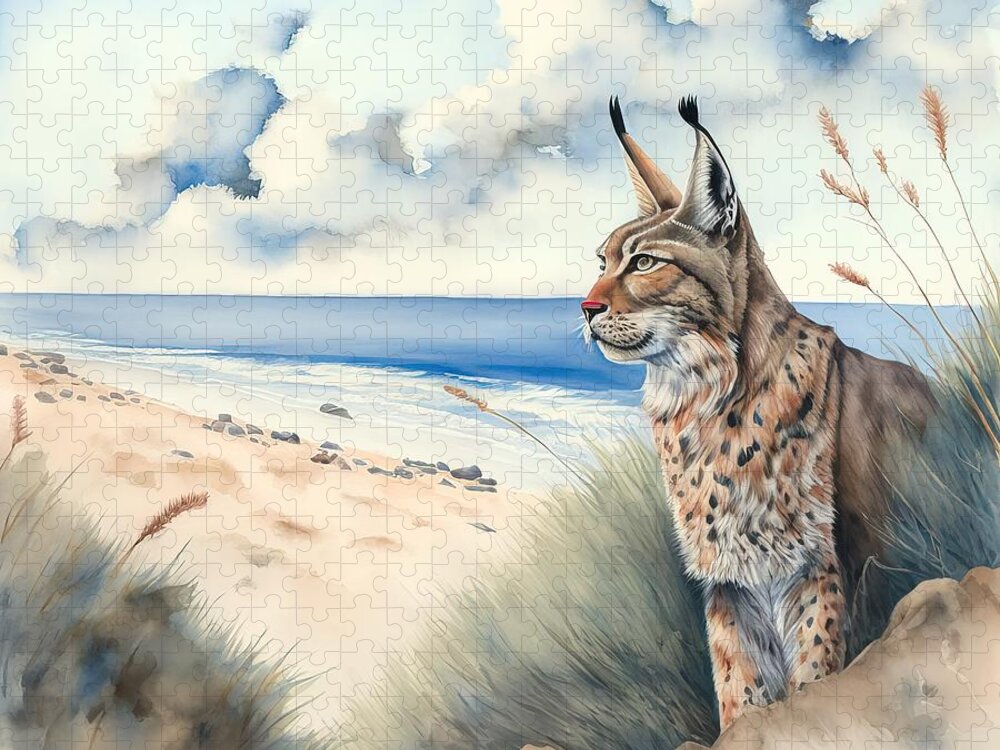 Wild Jigsaw Puzzle featuring the painting Lynx At Beach by N Akkash