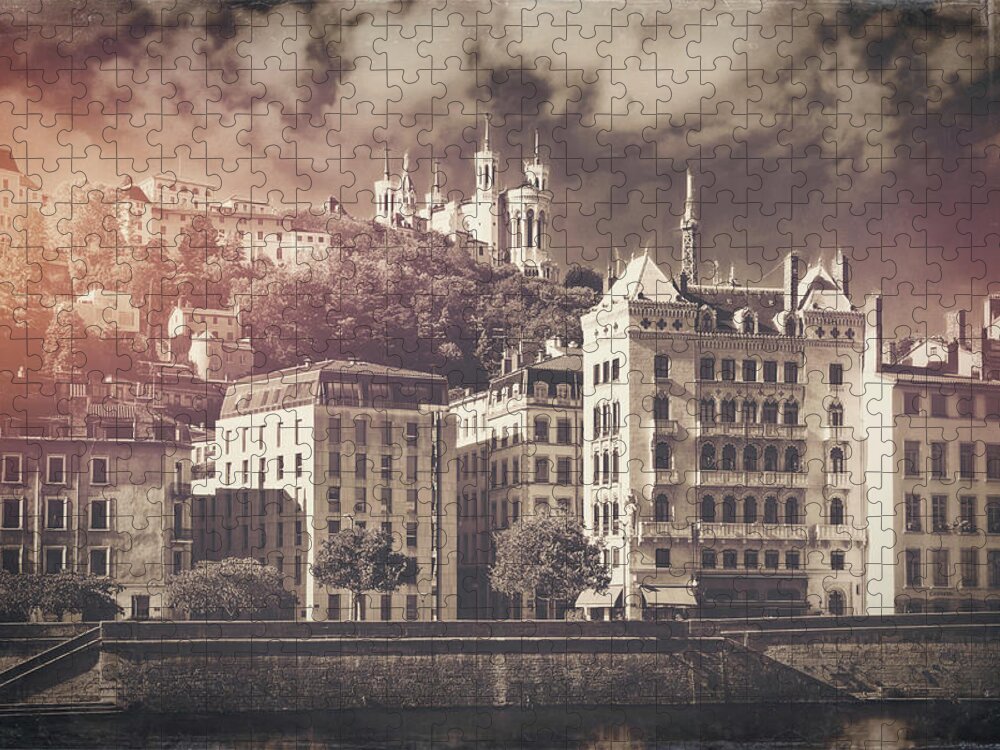 Lyon Jigsaw Puzzle featuring the photograph Lyon France Banks of The Saone River Sepia by Carol Japp