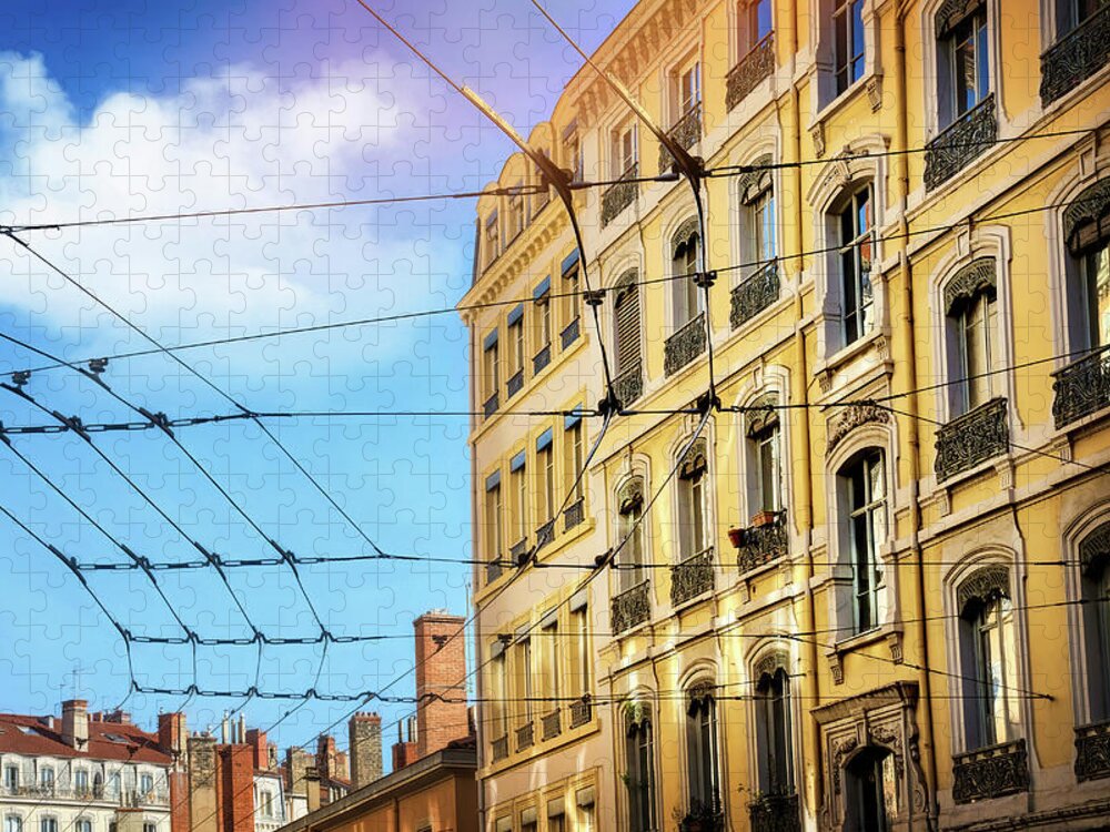 Lyon Jigsaw Puzzle featuring the photograph Lyon France Through a Web of Tram Lines by Carol Japp