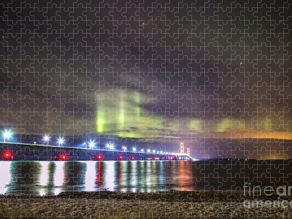 Michigan Photos Jigsaw Puzzle featuring the photograph Mackinac Bridge Northern Lights -3833 by Norris Seward