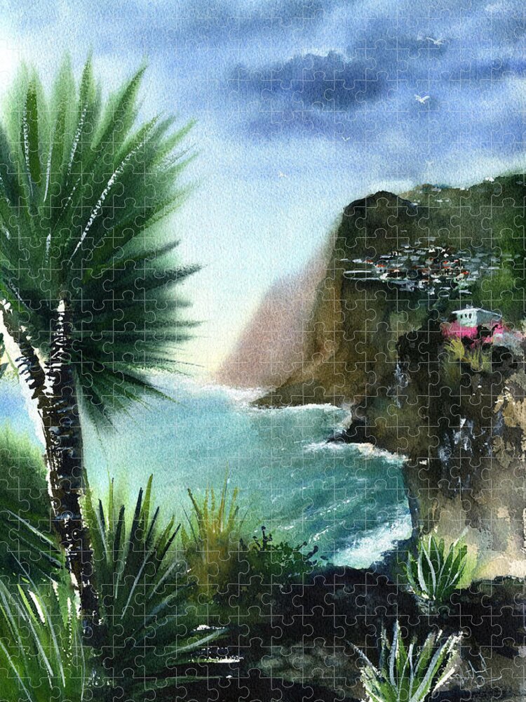 Portugal Jigsaw Puzzle featuring the painting Madeira Sea View - Portugal by Dora Hathazi Mendes