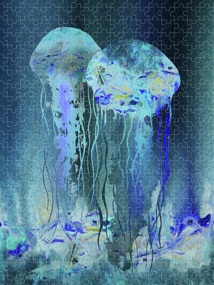 Jellyfish Jigsaw Puzzle featuring the painting Magic Under The Sea Two Jellyfish by Irina Sztukowski