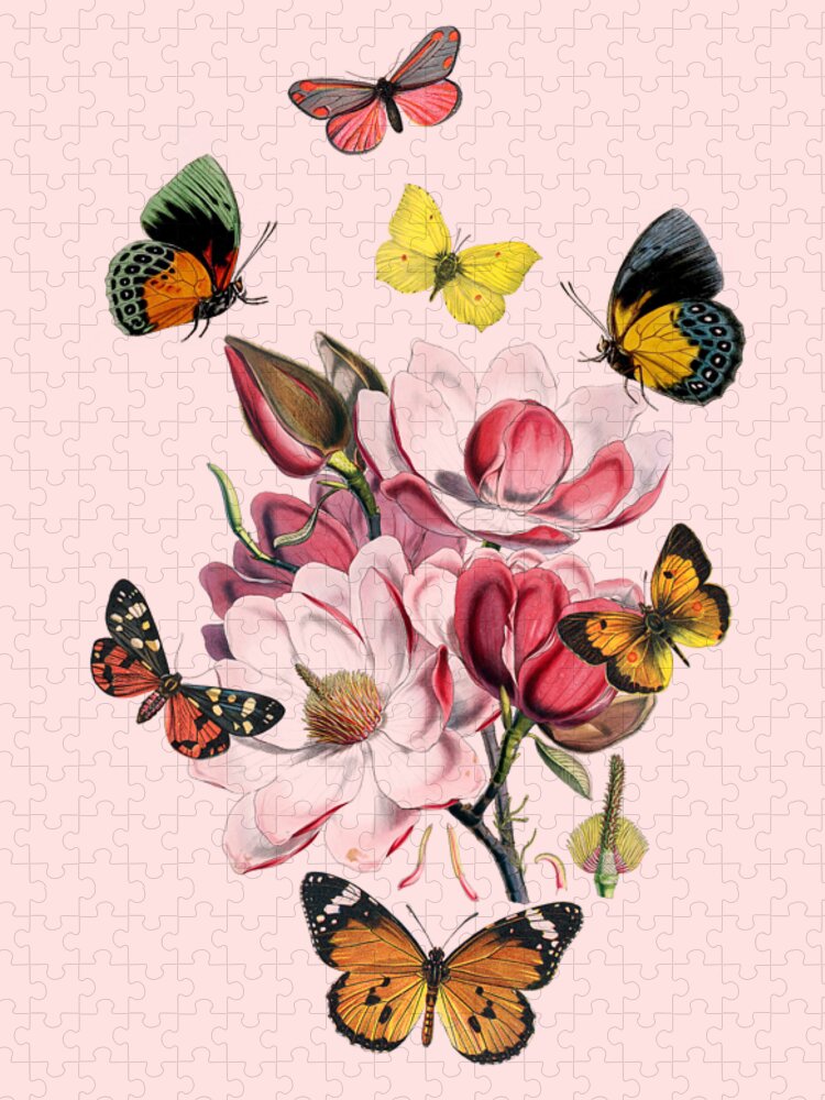 Magnolia Jigsaw Puzzle featuring the digital art Magnolia with butterflies by Madame Memento