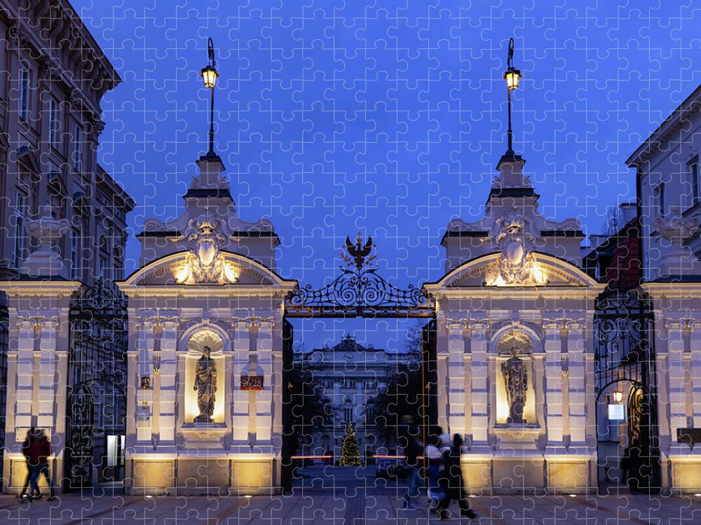 Warsaw Jigsaw Puzzle featuring the photograph Main Gate To The Warsaw University At Night by Artur Bogacki