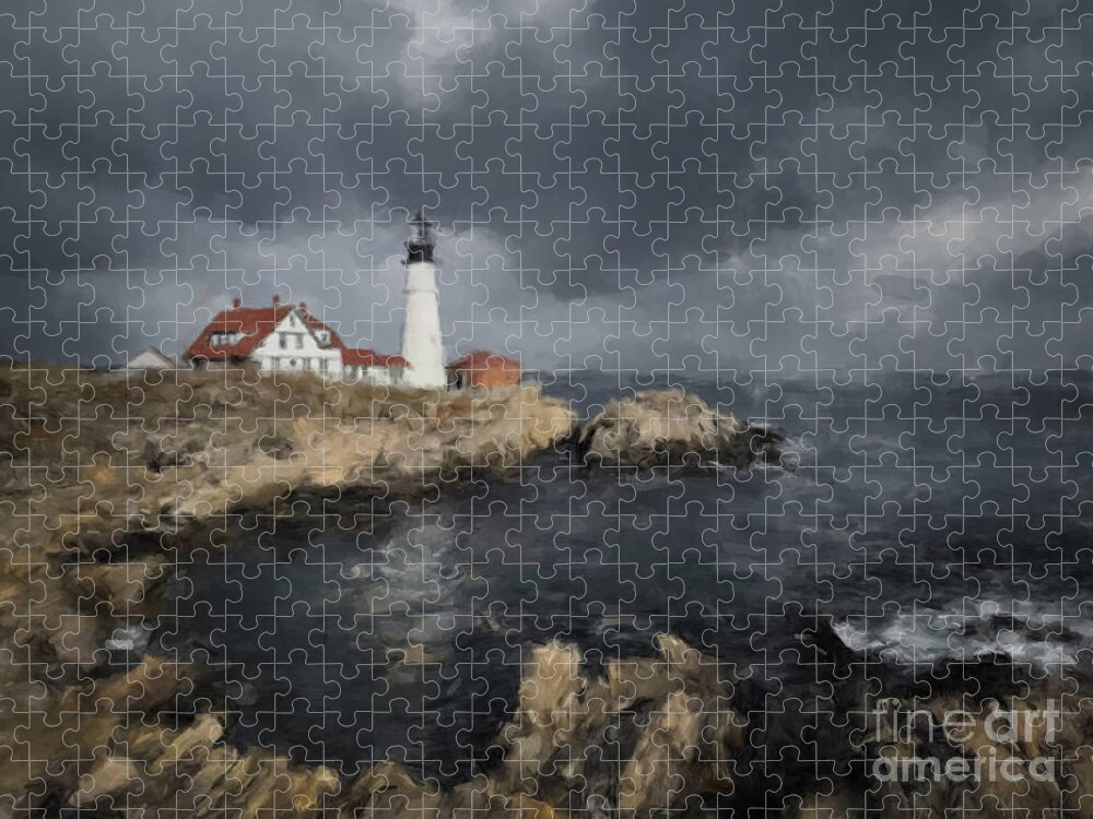  Jigsaw Puzzle featuring the painting Maine Lighthouse Passing Storm by Gary Arnold