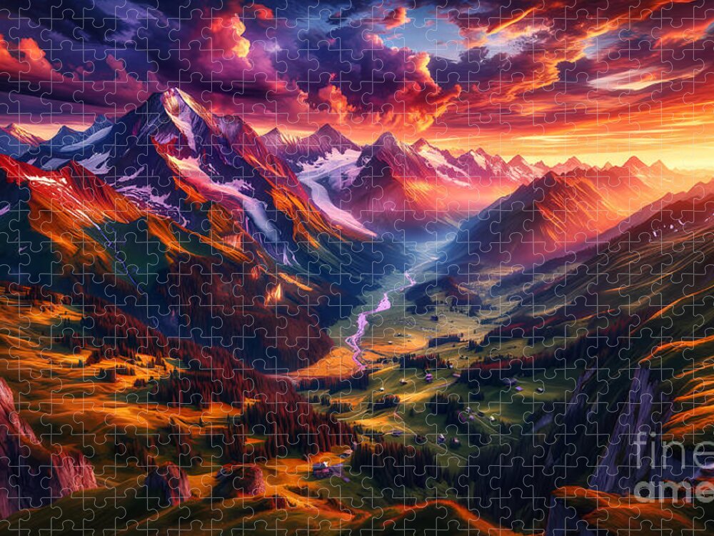 Mountains Jigsaw Puzzle featuring the digital art Majestic Mountain Landscape, A panoramic view of the Alps during sunset with vibrant colors by Jeff Creation