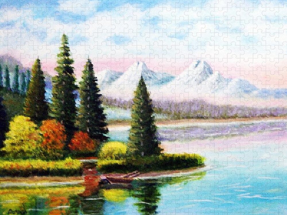 Landscape Jigsaw Puzzle featuring the painting Majestic Mountains by Gregory Dorosh