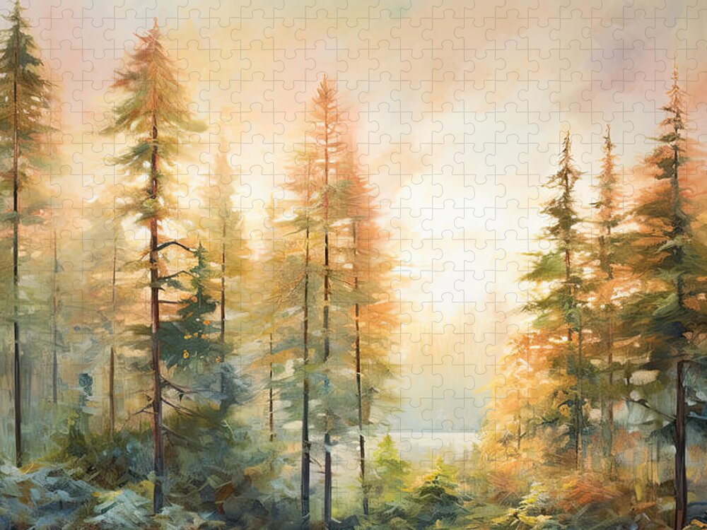 Evergreen Art Jigsaw Puzzle featuring the painting Majestic Pines at Sunset by Lourry Legarde