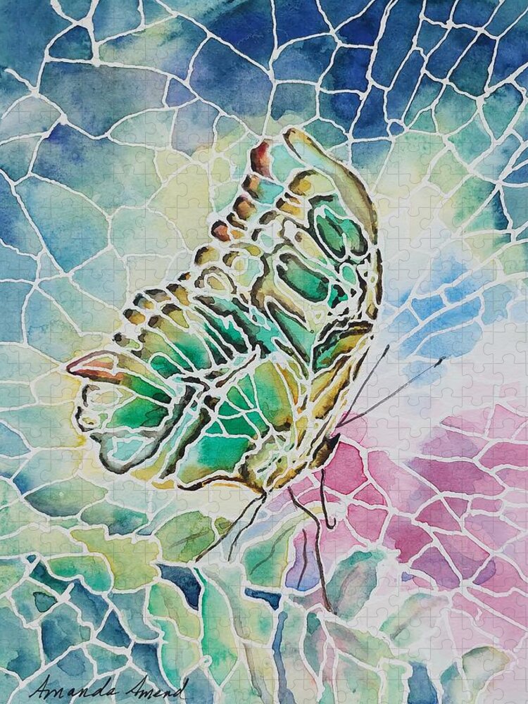 Green Malachite Butterfly Jigsaw Puzzle featuring the painting Malachite Wings by Amanda Amend