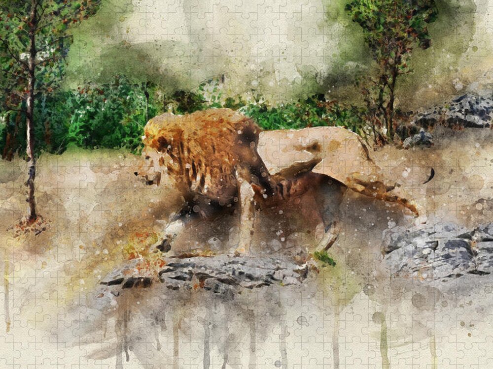 Lion Jigsaw Puzzle featuring the digital art Male lion by Geir Rosset