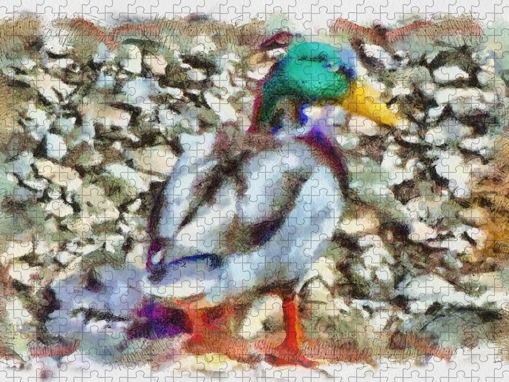 Mallard Jigsaw Puzzle featuring the mixed media Male Mallard Duck by Christopher Reed