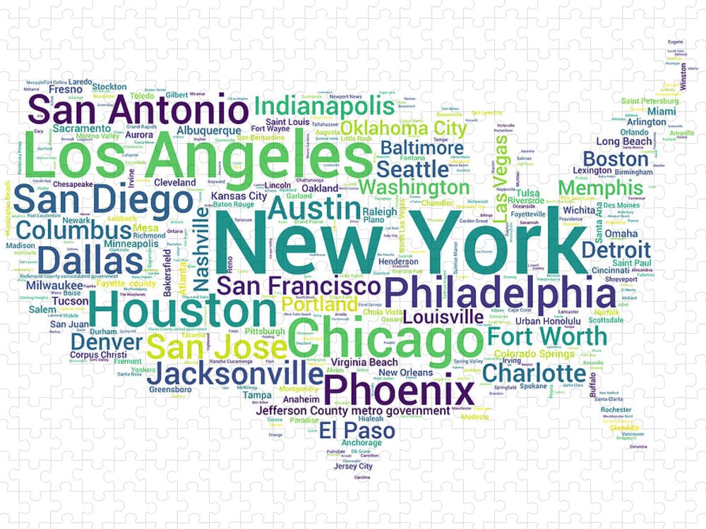 Usa Map Jigsaw Puzzle featuring the digital art Map of the United States with Word Cloud of City Names by Alexios Ntounas