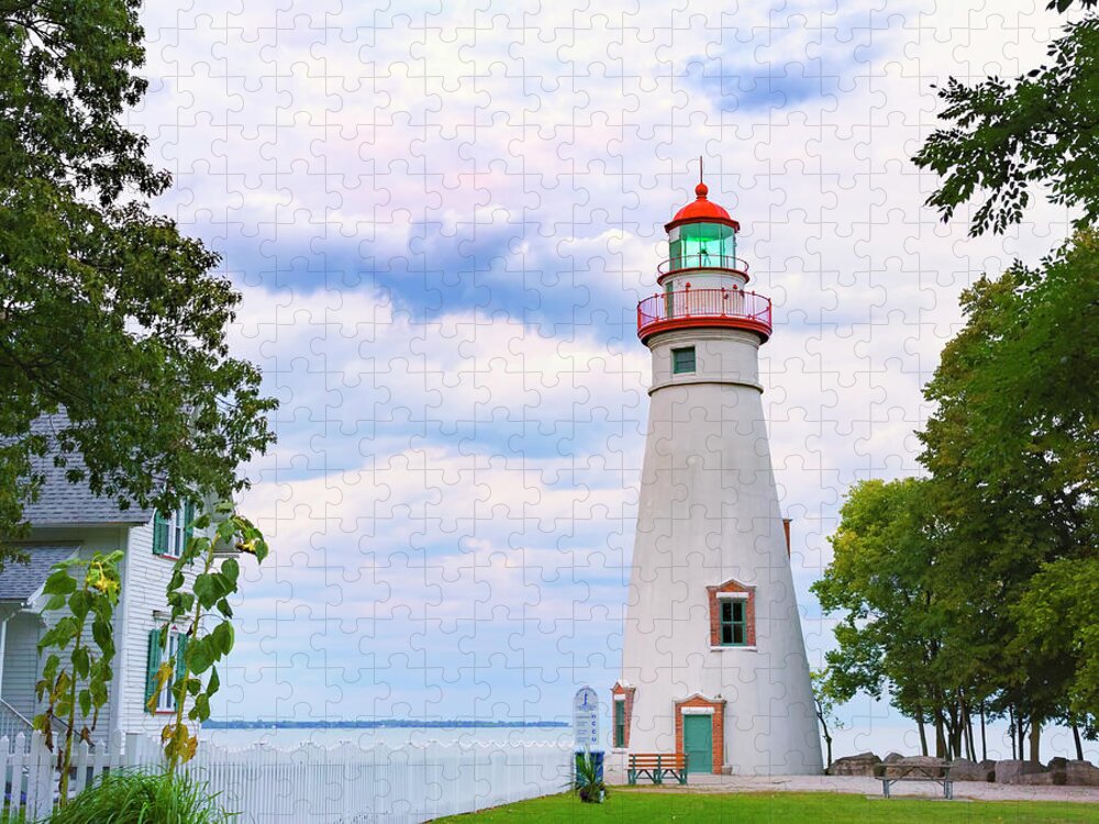 Lake Erie Lighthouse Jigsaw Puzzle featuring the photograph Marblehead Lighthouse Framed by Trees 1 by Marianne Campolongo