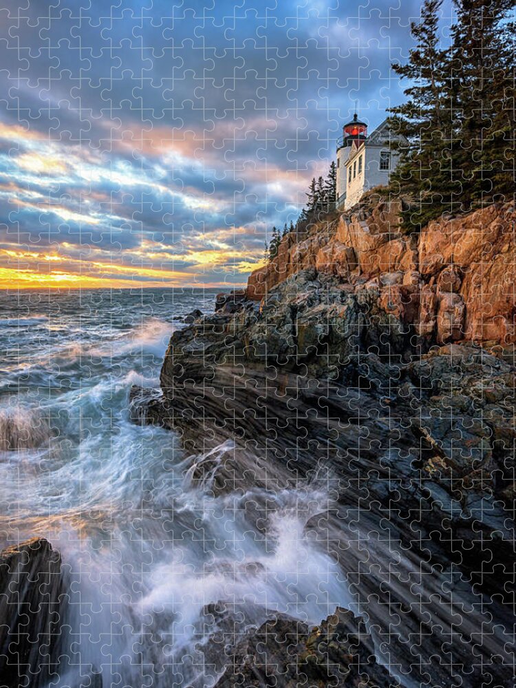 Bass Harbor Head Light Jigsaw Puzzle featuring the photograph March Tides at Bass Harbor Head Light by Kristen Wilkinson