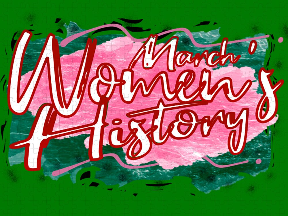 March Jigsaw Puzzle featuring the digital art March Womens History Month Pink Green Black by Delynn Addams