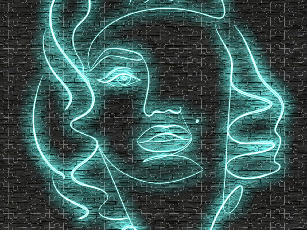 Marilyn Monroe Jigsaw Puzzle featuring the digital art Marilyn Monroe neon portrait - 2 by Movie World Posters