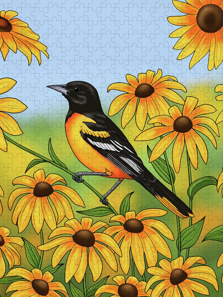Bird Jigsaw Puzzle featuring the digital art Maryland State Bird Oriole and Daisy Flower by Crista Forest