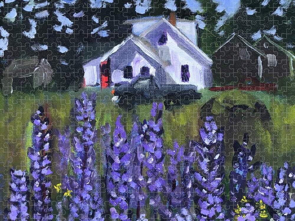 Maine Jigsaw Puzzle featuring the painting Matinicus House with Lupine by Cyndie Katz