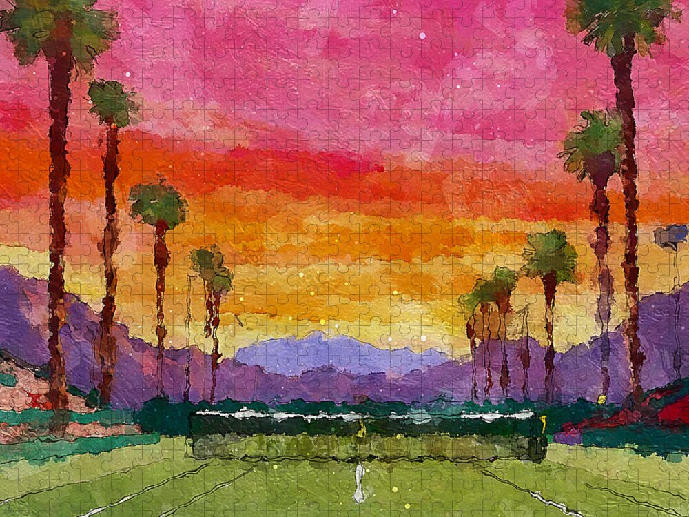 Stadium Jigsaw Puzzle featuring the painting MC14825 Indian Wells Tennis Garden Indian Wells Masters Tennis Court Tennis Stadium Hard Tennis Indian Wells California Usa sunrise oilpaint colorfull by Lisa Von